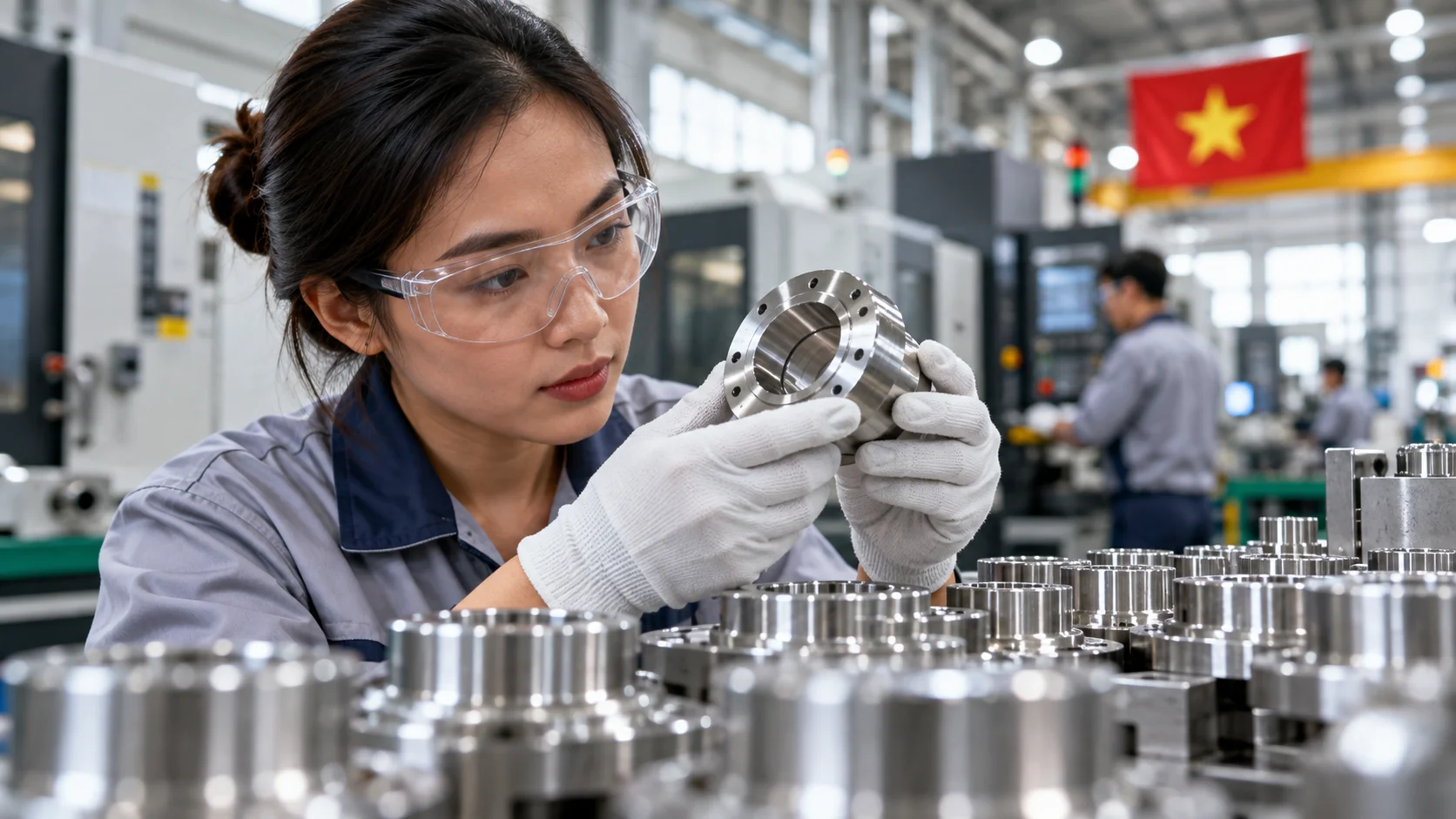 Hands inspecting a precision manufactured component