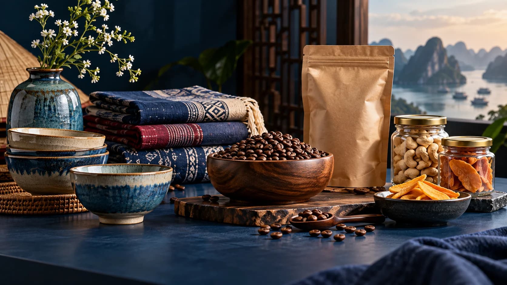 Vietnamese coffee, ceramics and textile export samples