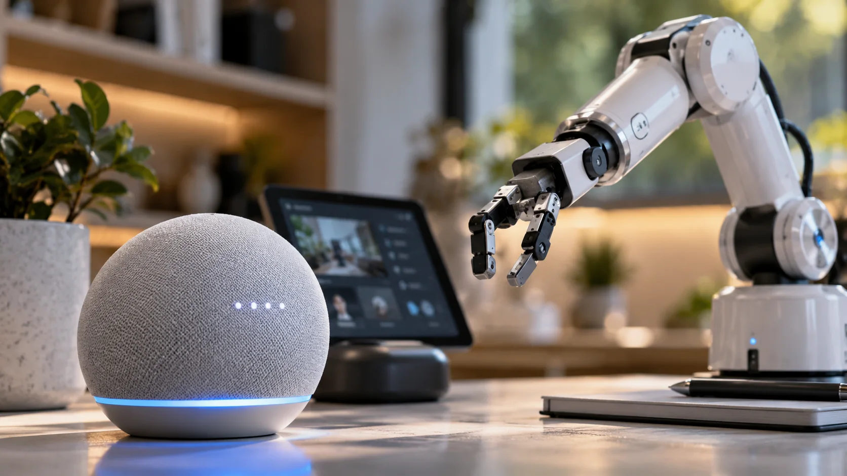 Close-up of a smart home hub and precision robotic device on clean product studio tabletop
