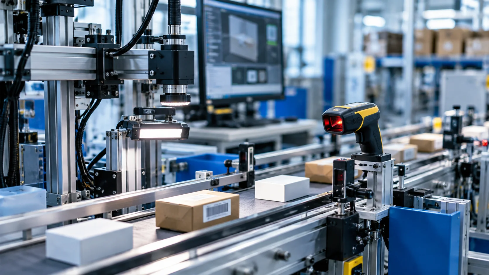An automation workstation with optical sensor, barcode scanner and miniature conveyor sorting objects