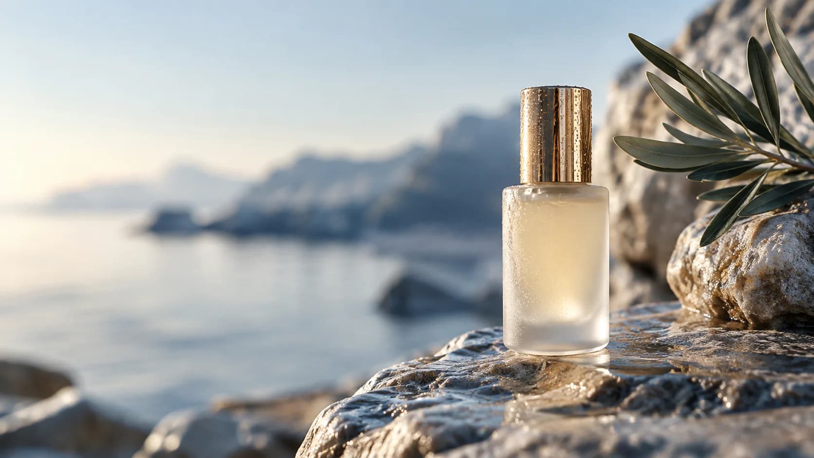 A luxury unbranded skincare bottle being photographed with a macro lens and sculpted light