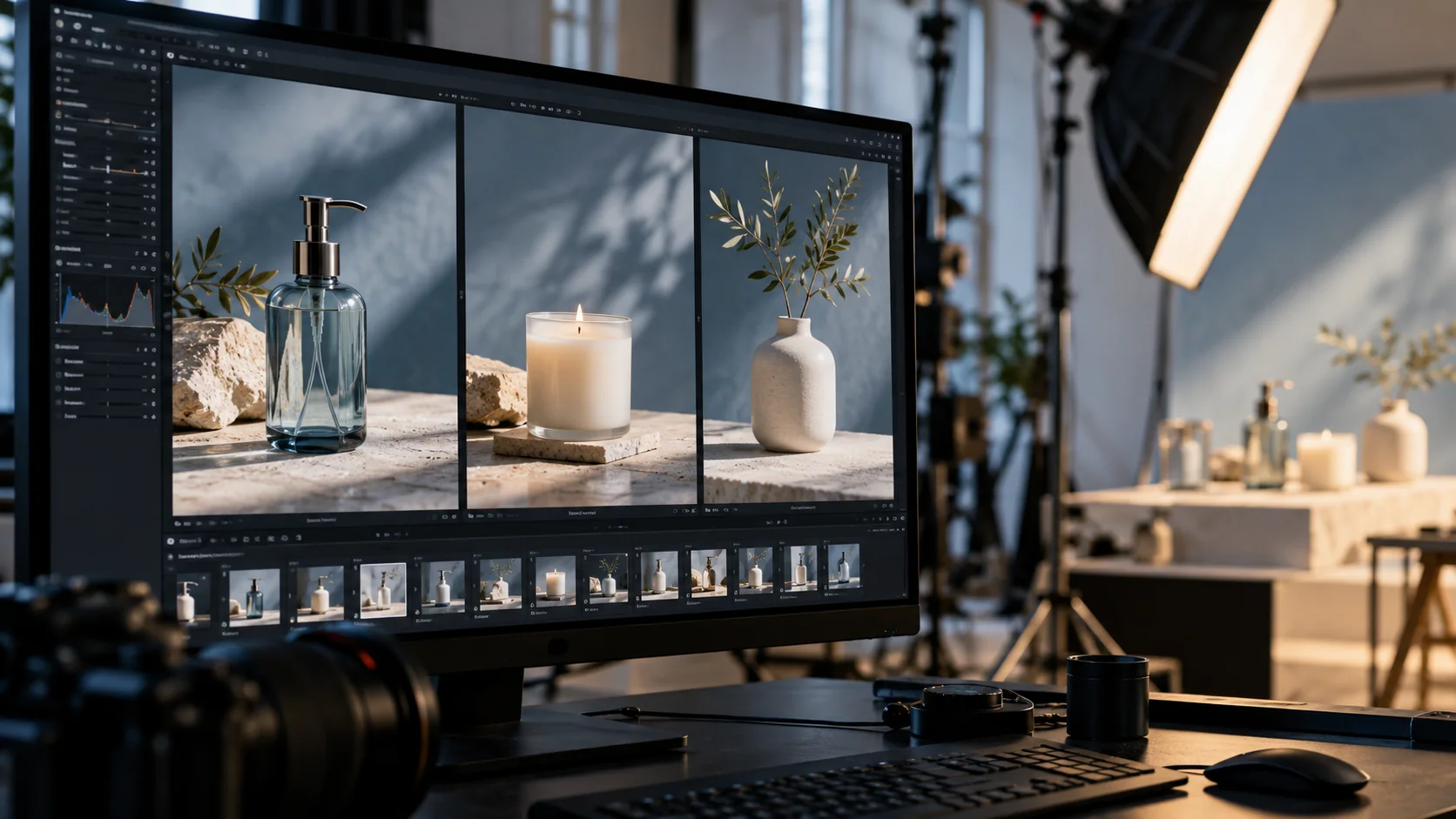Close-up of camera tethering monitor showing three distinct unbranded product photographs in an elegant photography studio
