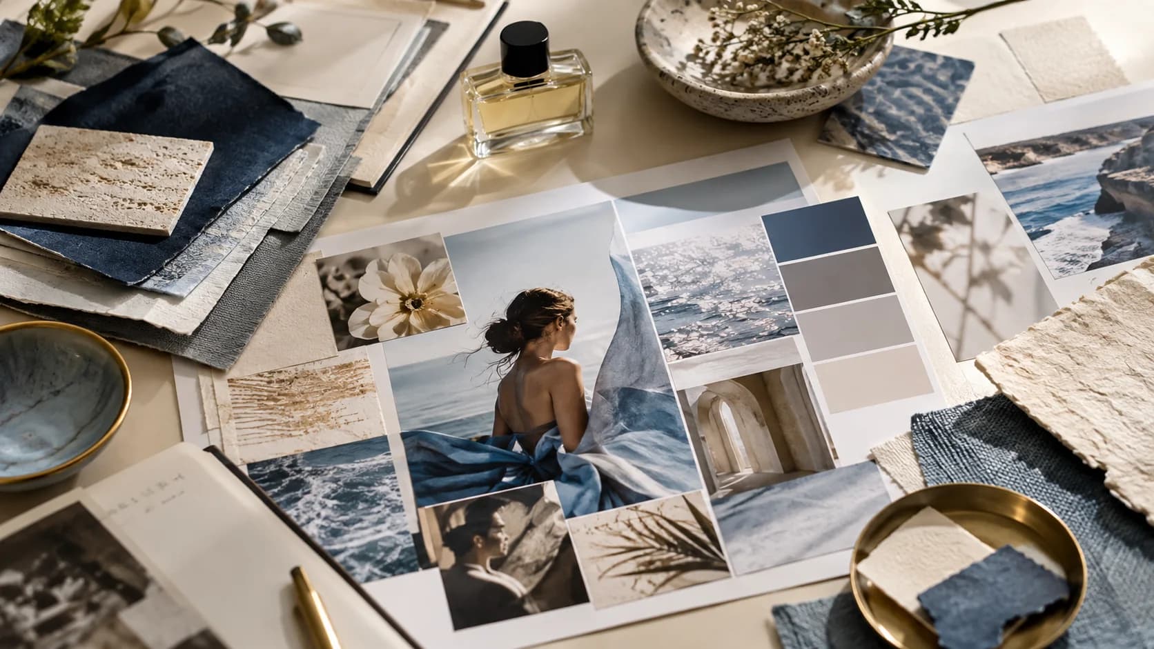 Top-down arrangement of color swatches, textured papers, perfume bottle and printed campaign moodboard on cream worktable