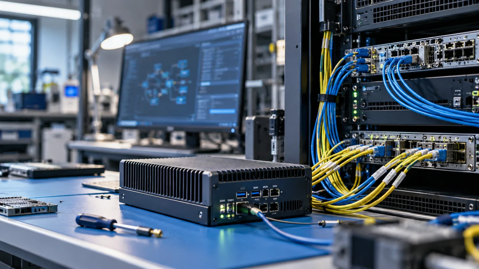 A server rack with optical fiber and compact edge computing appliance on a laboratory workbench