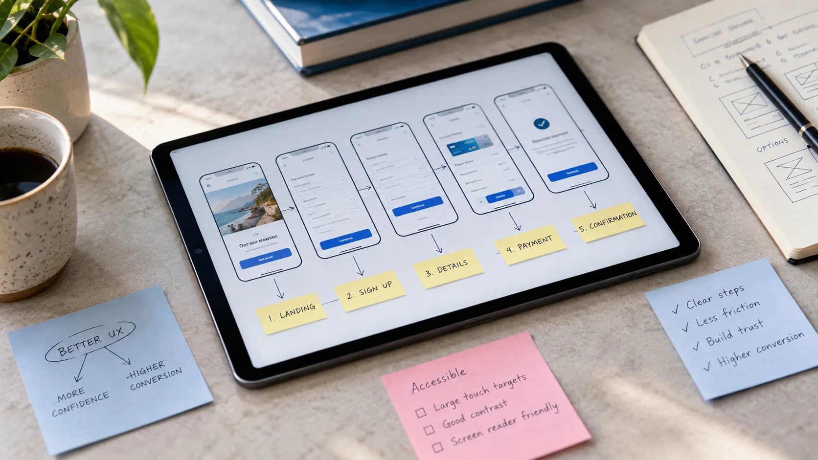 Overhead tablet and sticky notes exploring an accessible mobile user flow, clean neutral desk