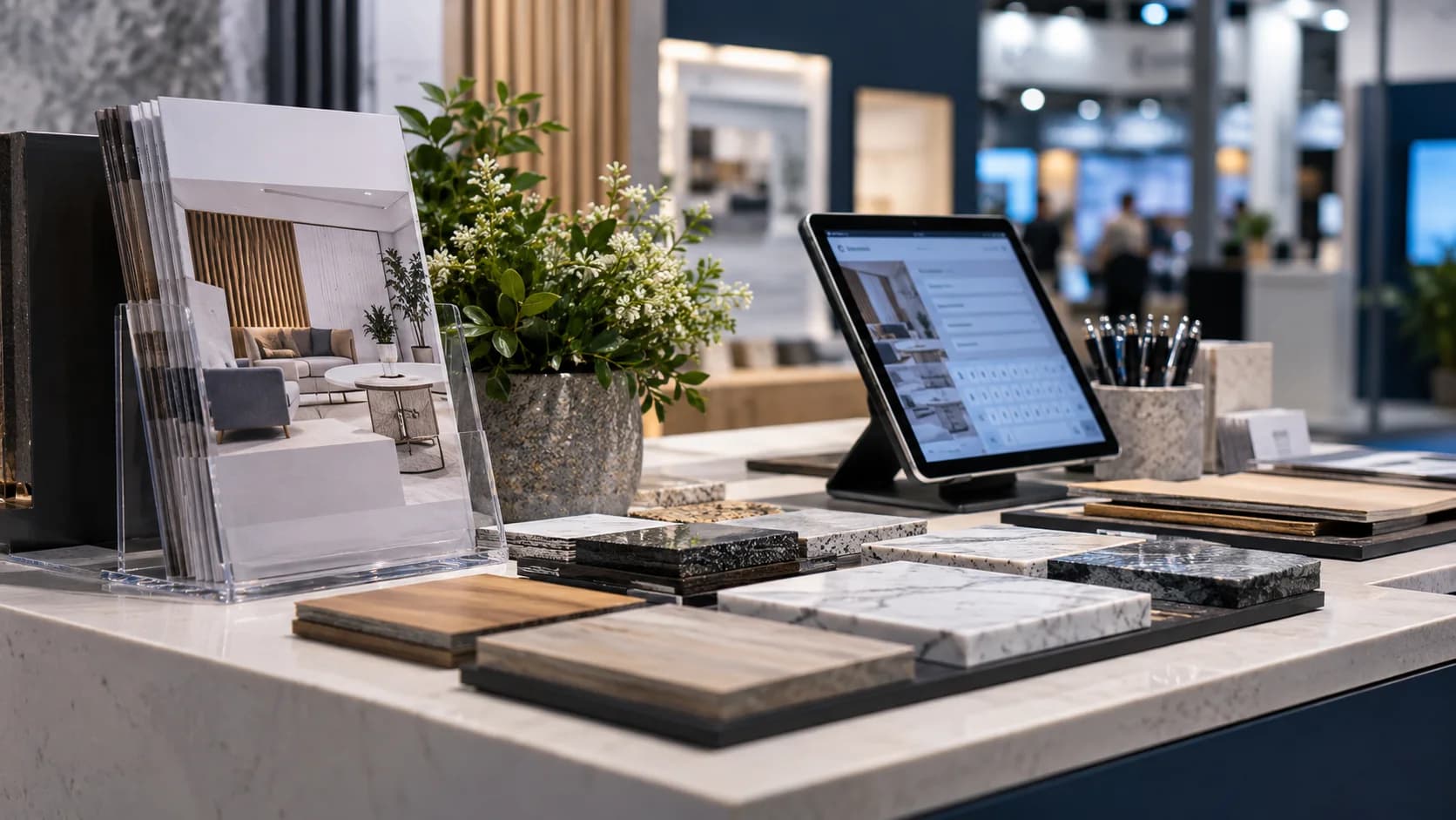 A close view of exhibition sample counter with brochure stand, product samples and digital lead capture tablet