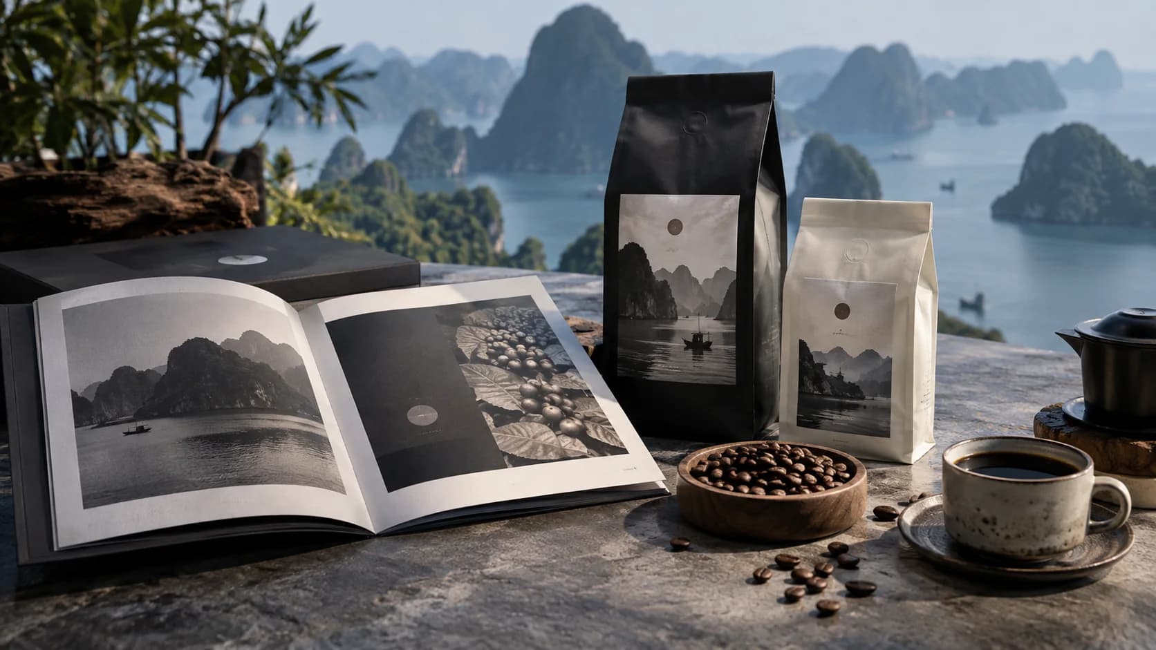 Premium Vietnamese coffee packaging displayed beside a brand identity booklet, sophisticated monochrome labels without readable text