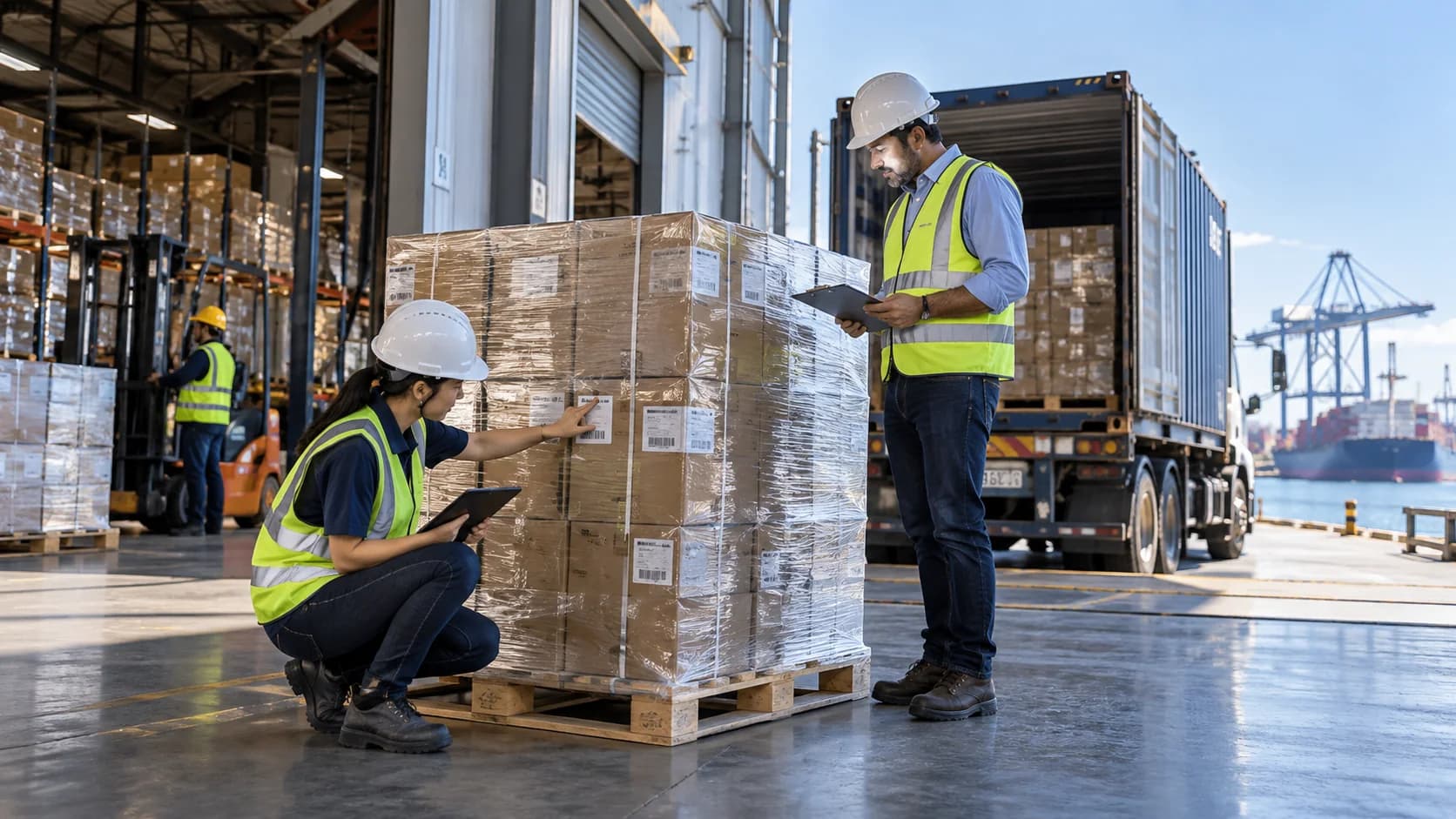 A pallet of neatly wrapped cartons being inspected at a bright export warehouse loading bay