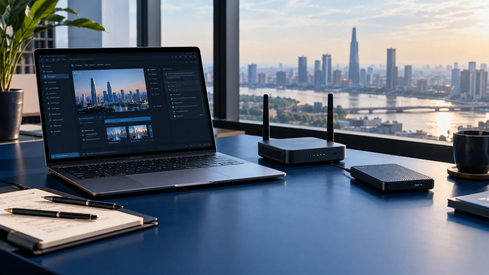 A compact premium business technology kit with laptop, router and secure storage device on a navy desk