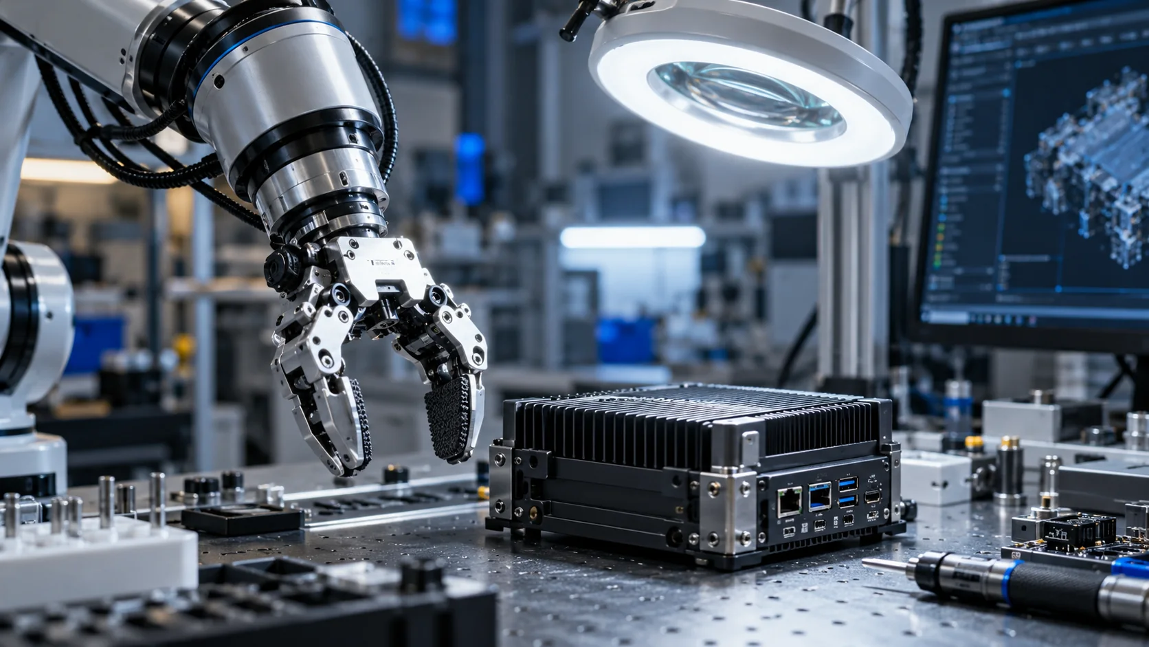 A robotic gripper beside an edge AI processor under a laboratory inspection lamp, precise metal detail