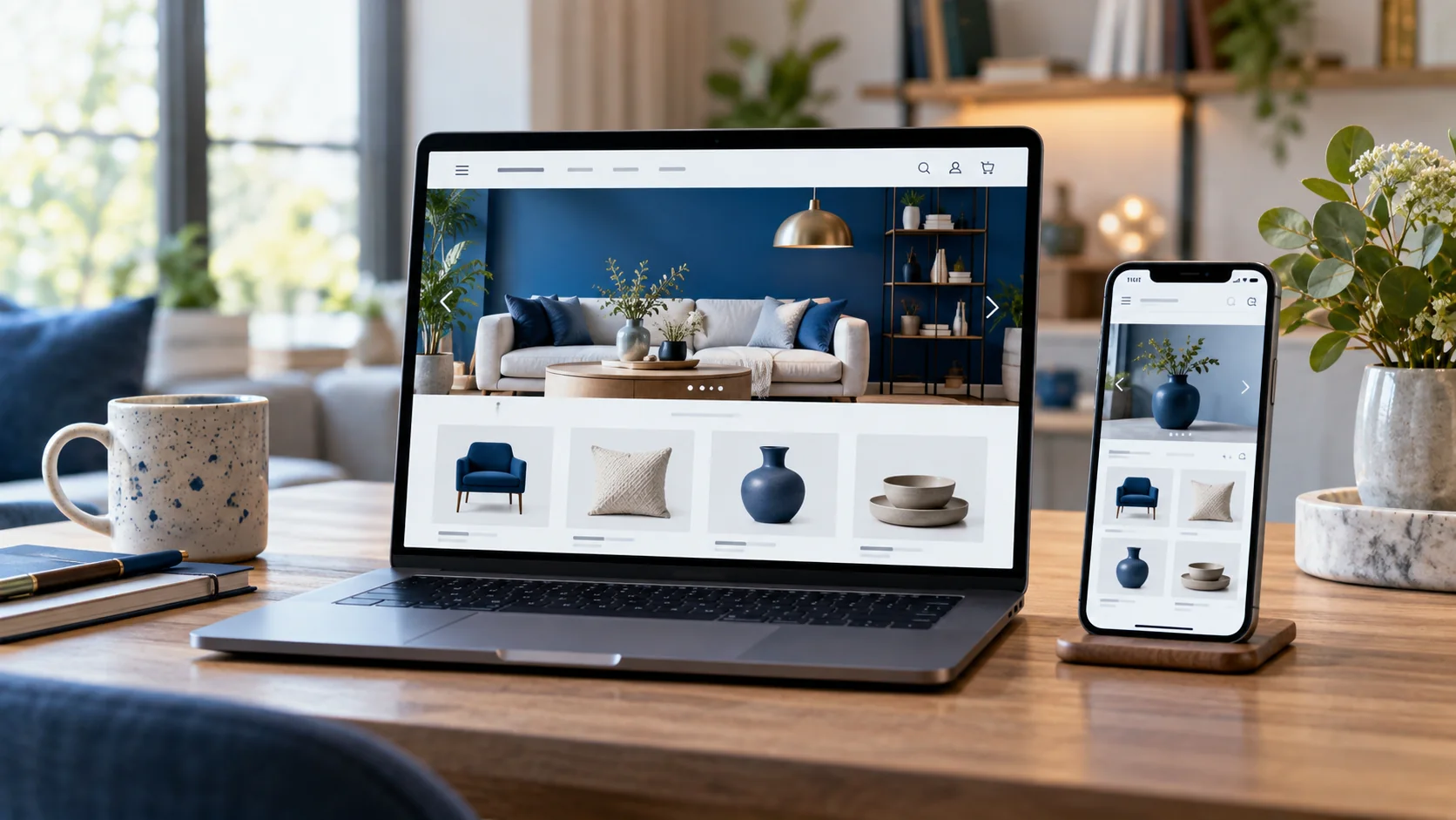 Sleek laptop and smartphone showing a polished blue ecommerce website interface, realistic device product photography