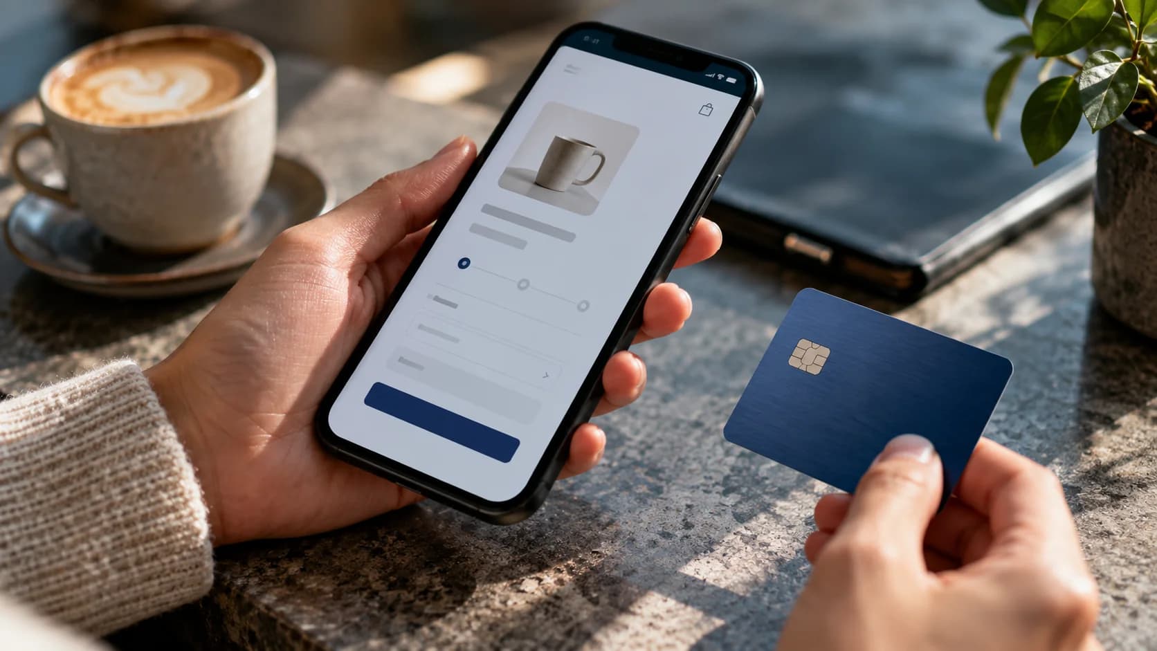 Close-up of a smartphone showing a streamlined checkout screen beside payment card