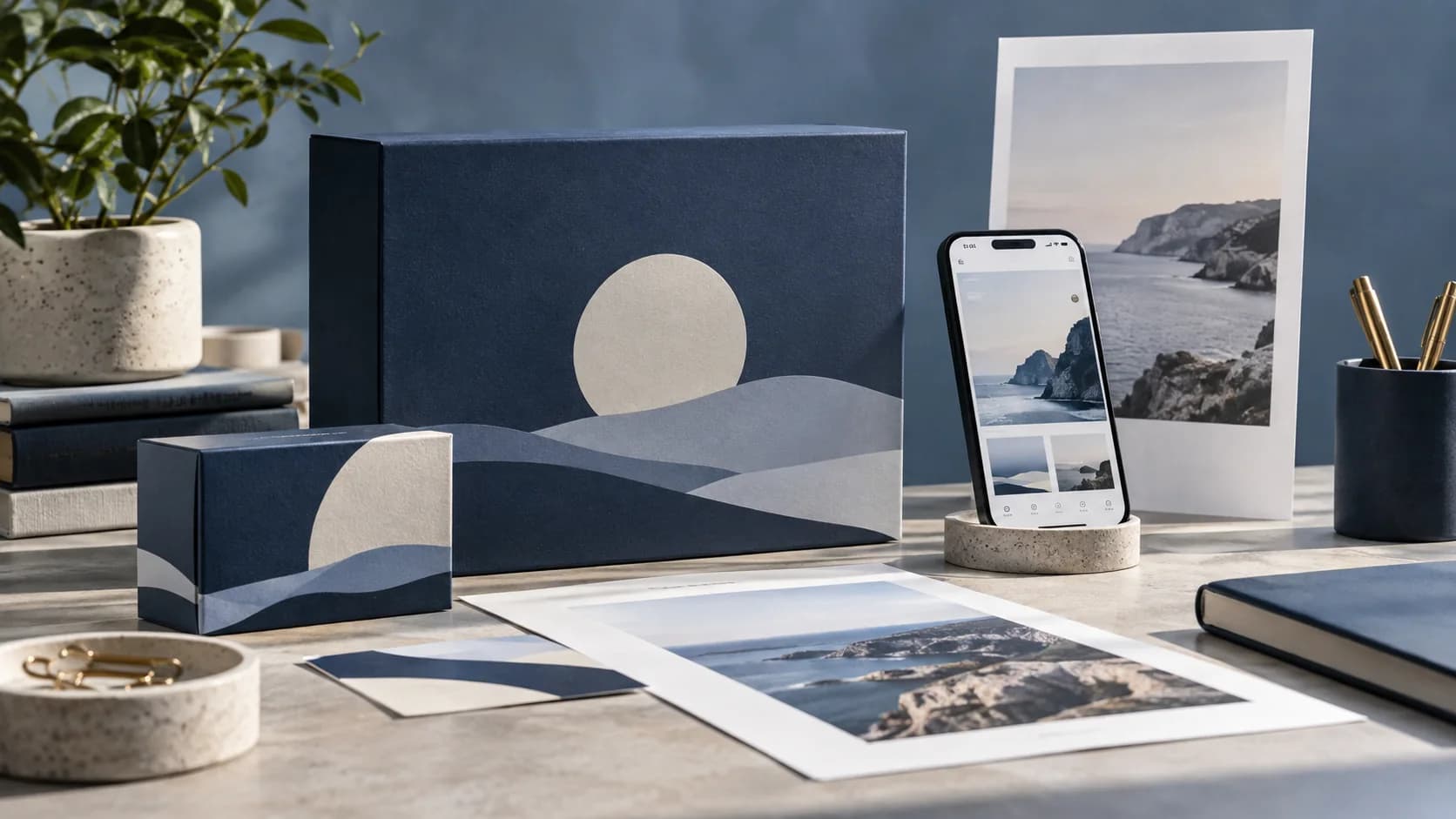 Brand packaging, a campaign print and smartphone digital experience arranged together in an elegant studio still life