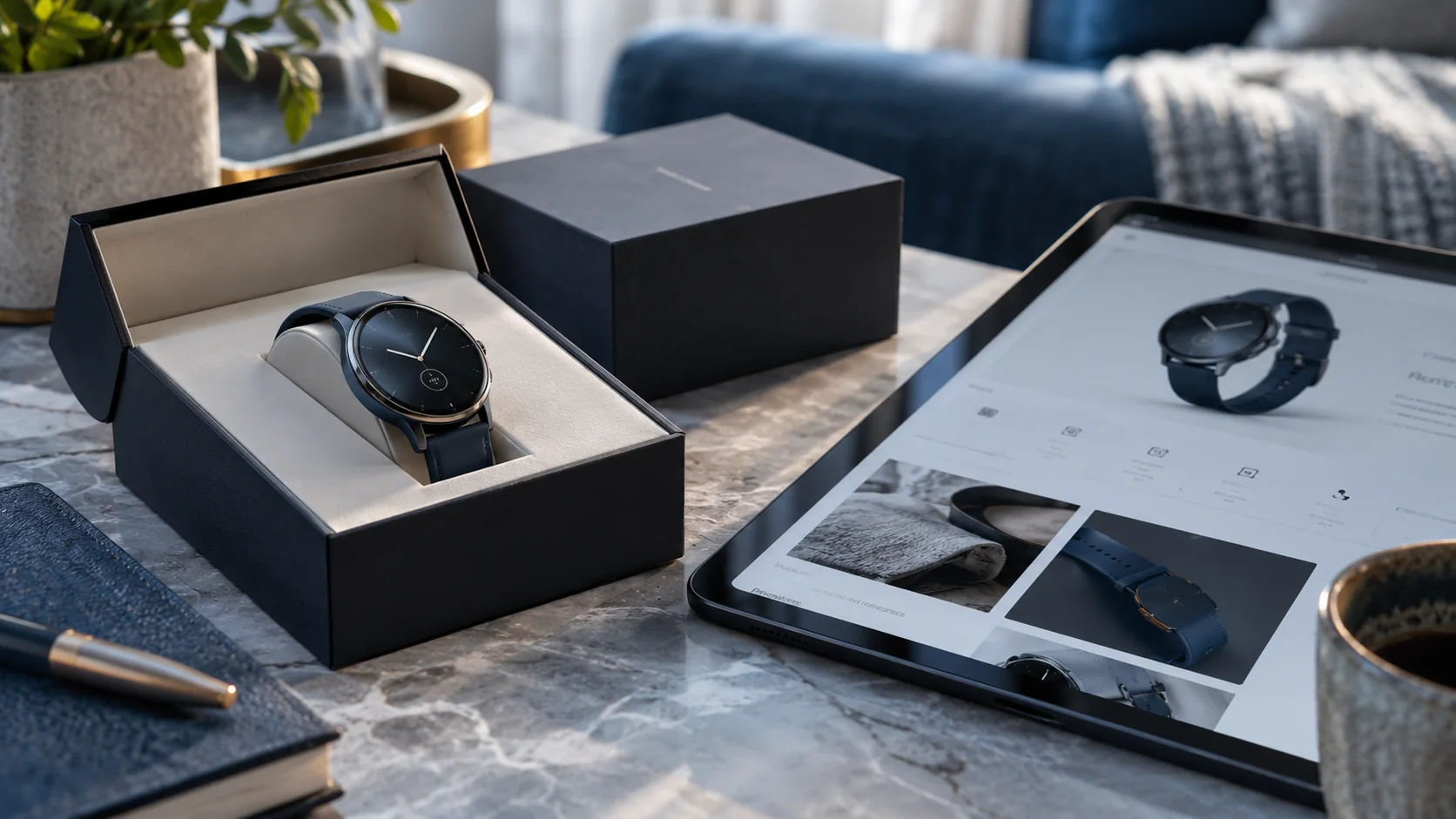 A premium wearable device photographed alongside its packaging and a complementary digital store on tablet