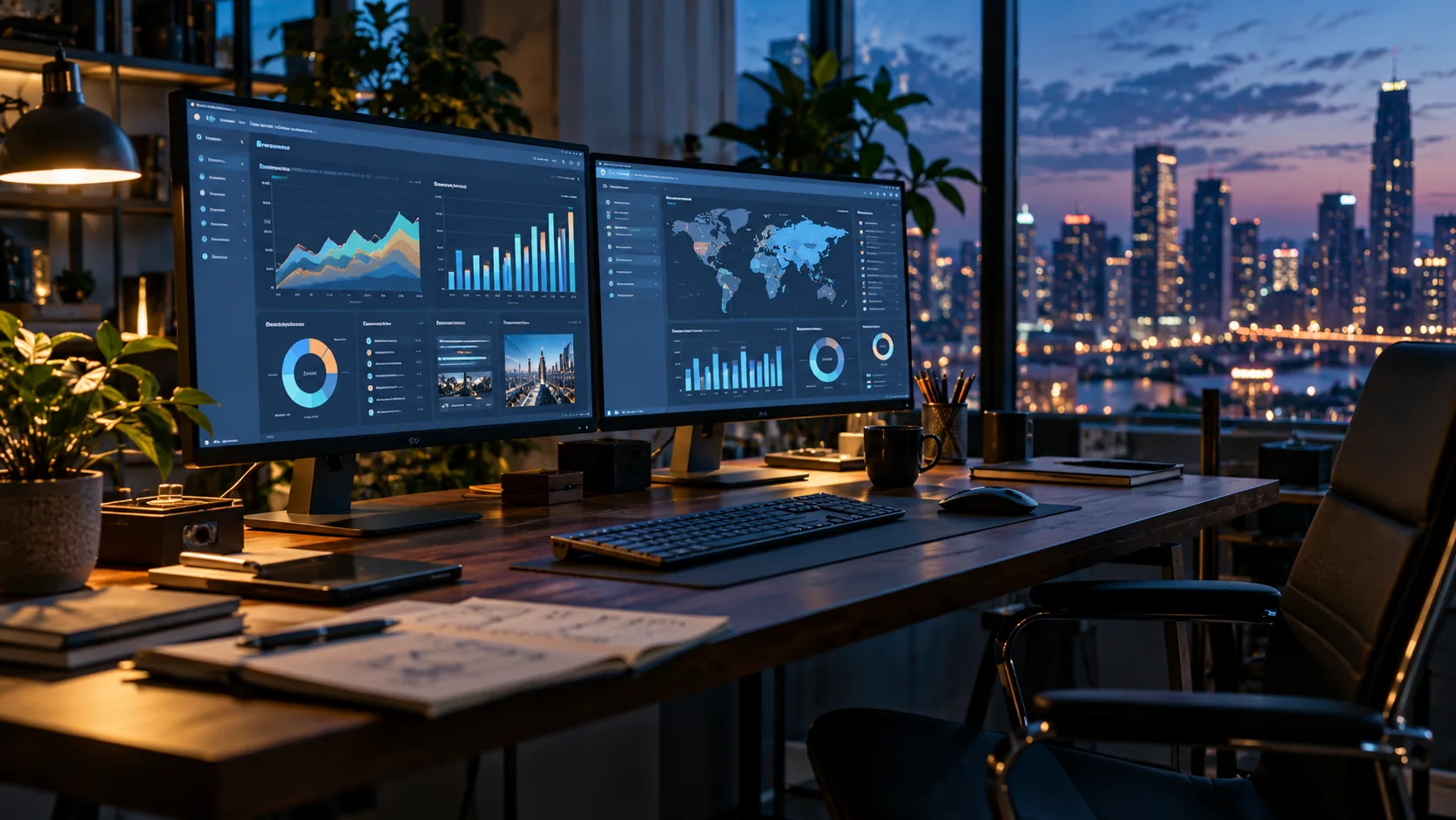 A real marketing analytics workstation with twin displays showing dashboard graphics, moody evening light