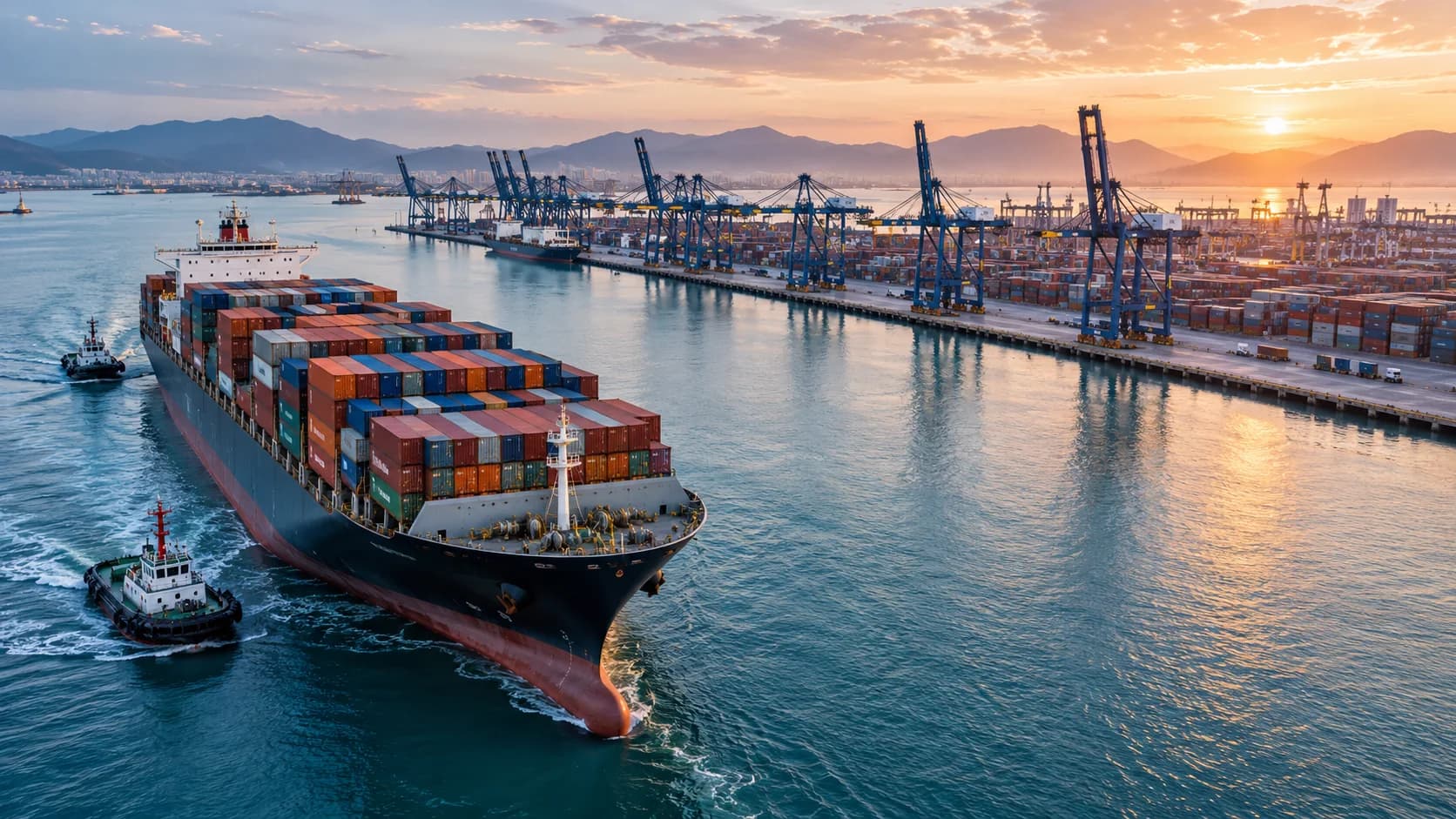 A container ship arriving at a modern Vietnamese seaport, dramatic aerial oblique view