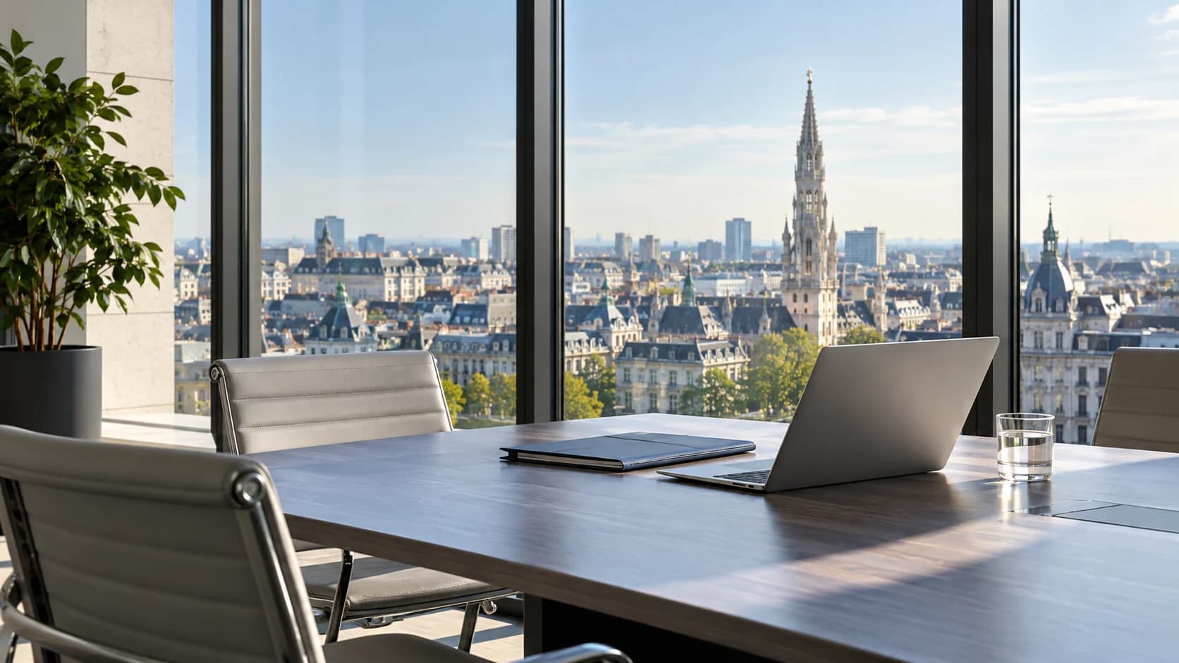 Contemporary office overlooking European city architecture