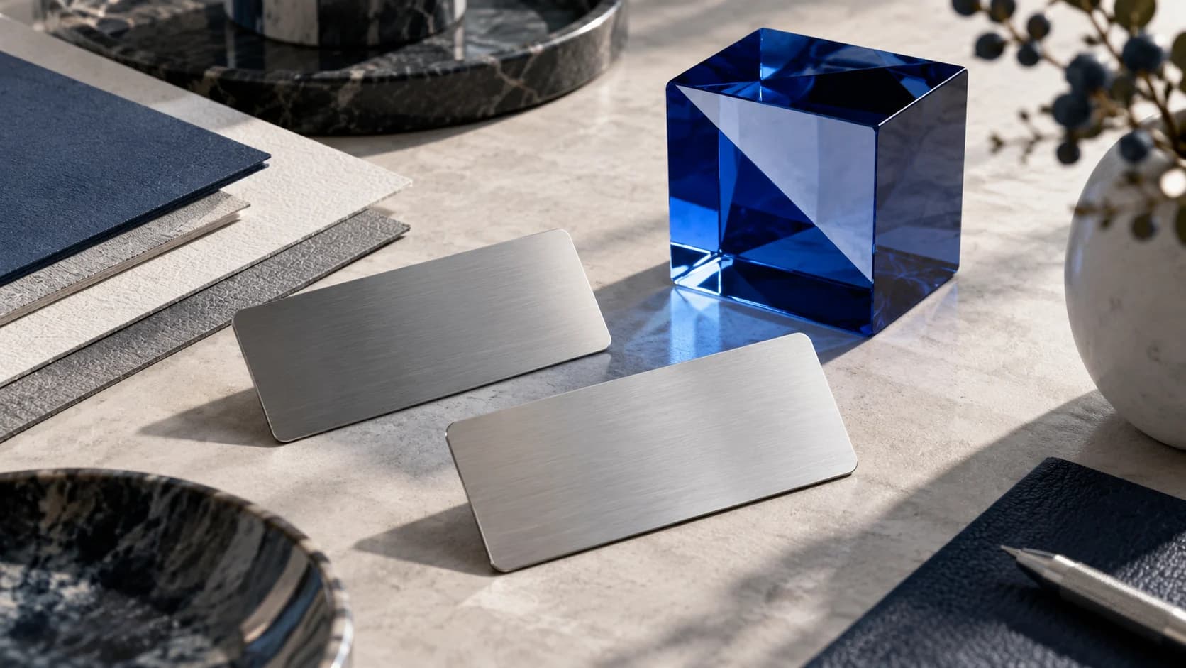 Unmarked metal nameplates beside a blue glass prism on a design desk
