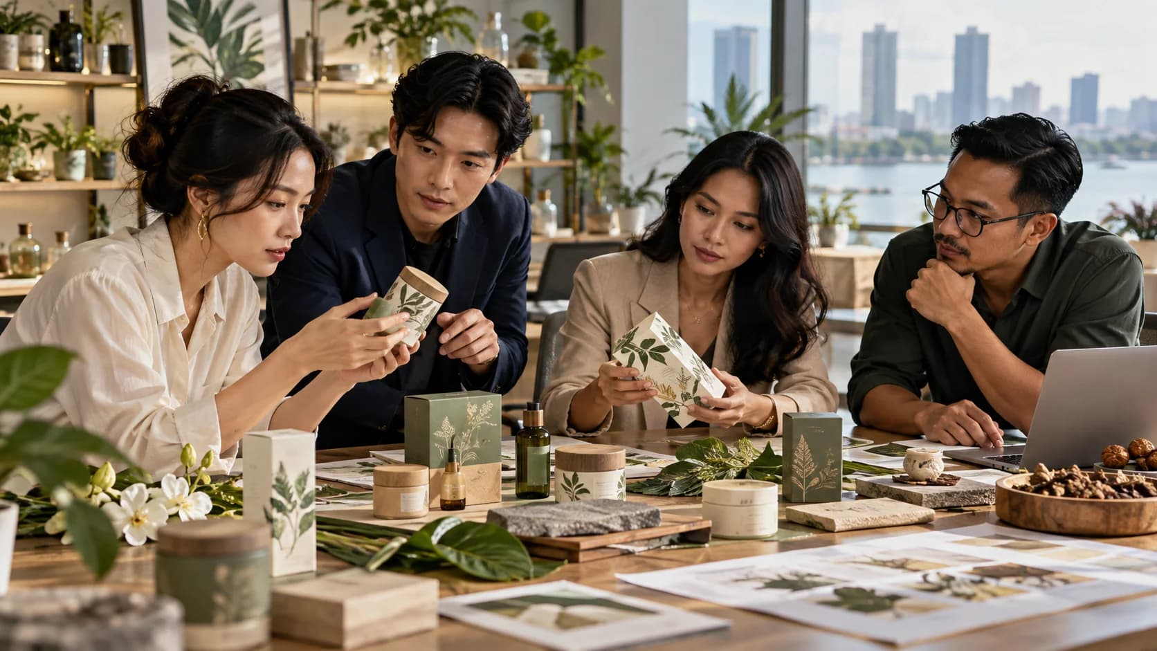 A product team reviewing botanical packaging samples