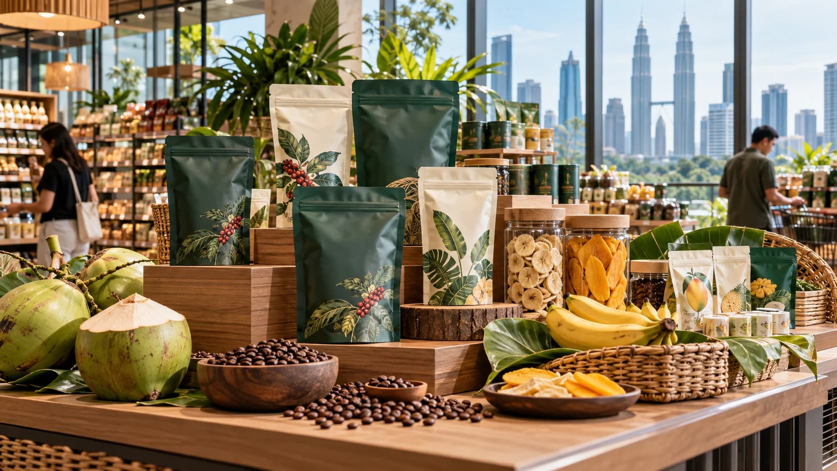 Coffee and tropical food samples presented in a Malaysian retail setting