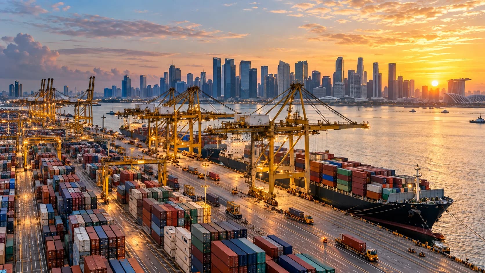 Container terminal and Singapore skyline in warm evening light
