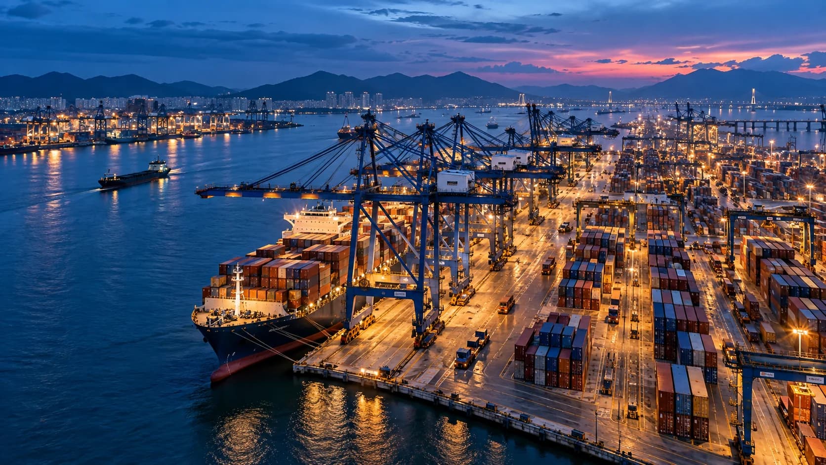 Container ships and illuminated cranes at a Vietnamese port at blue hour