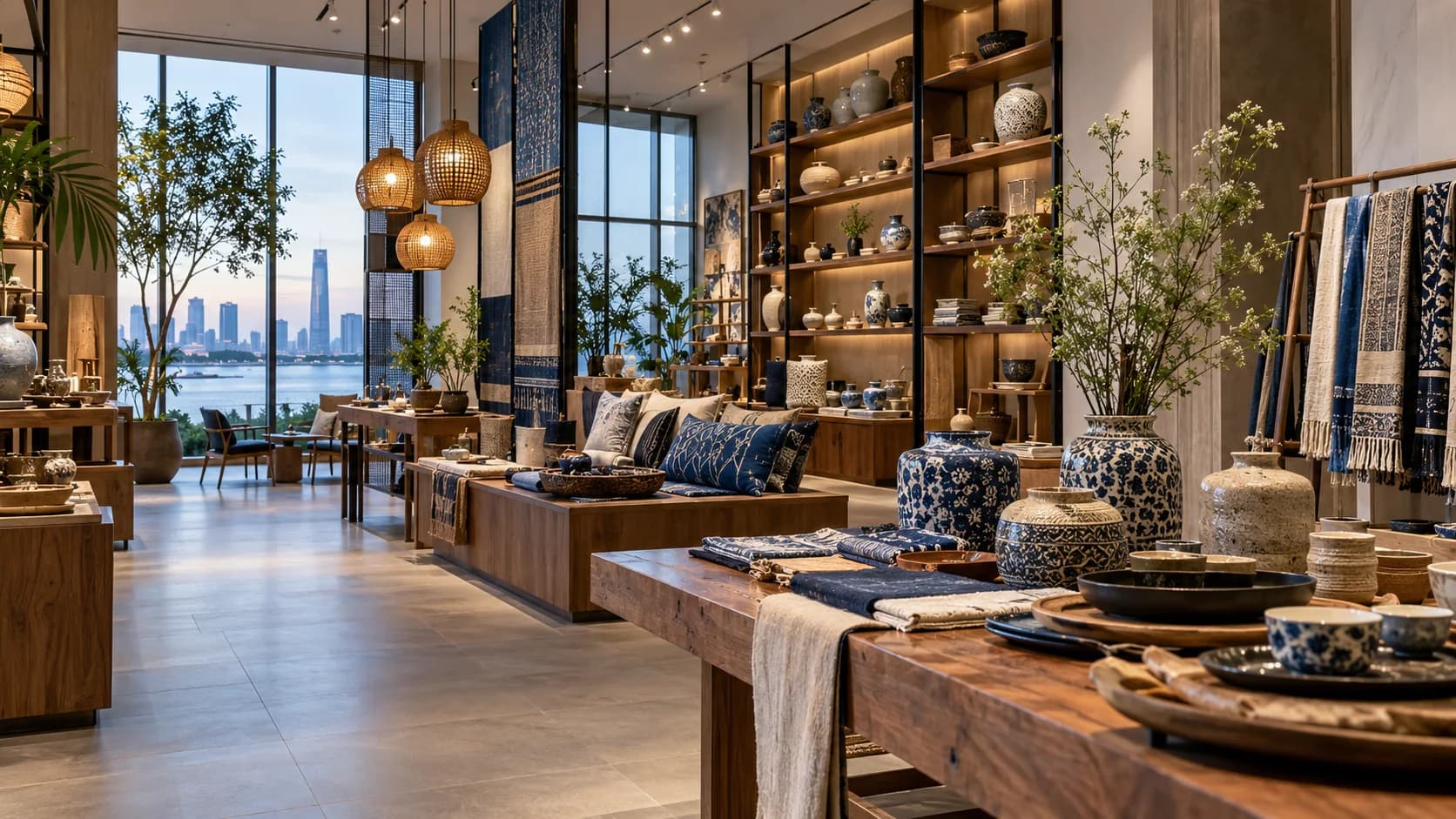 An elegant international showroom displaying ceramics, textiles and wooden products from Vietnam