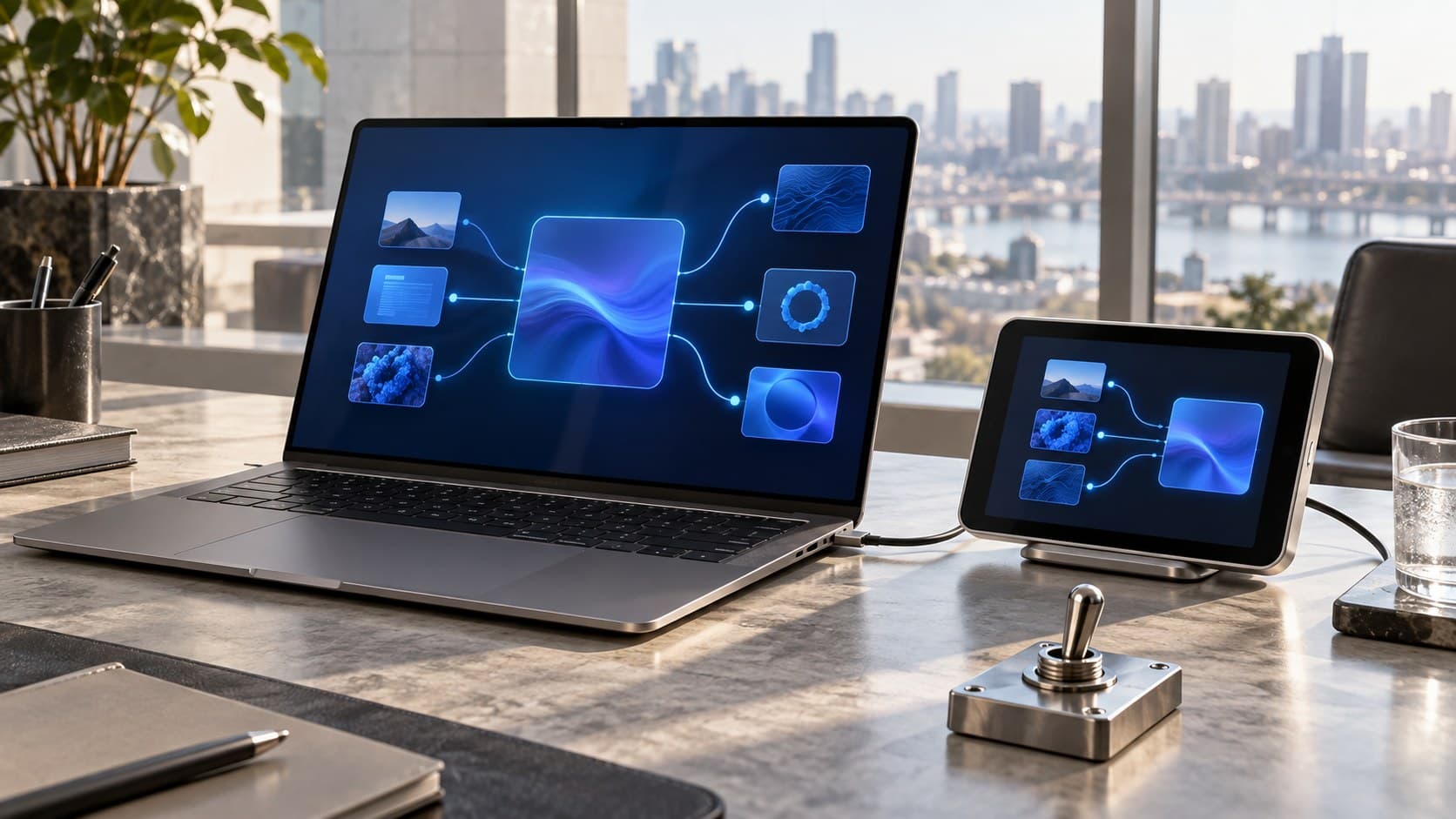Conceptual laptop and smart display with a physical switch in a minimal office