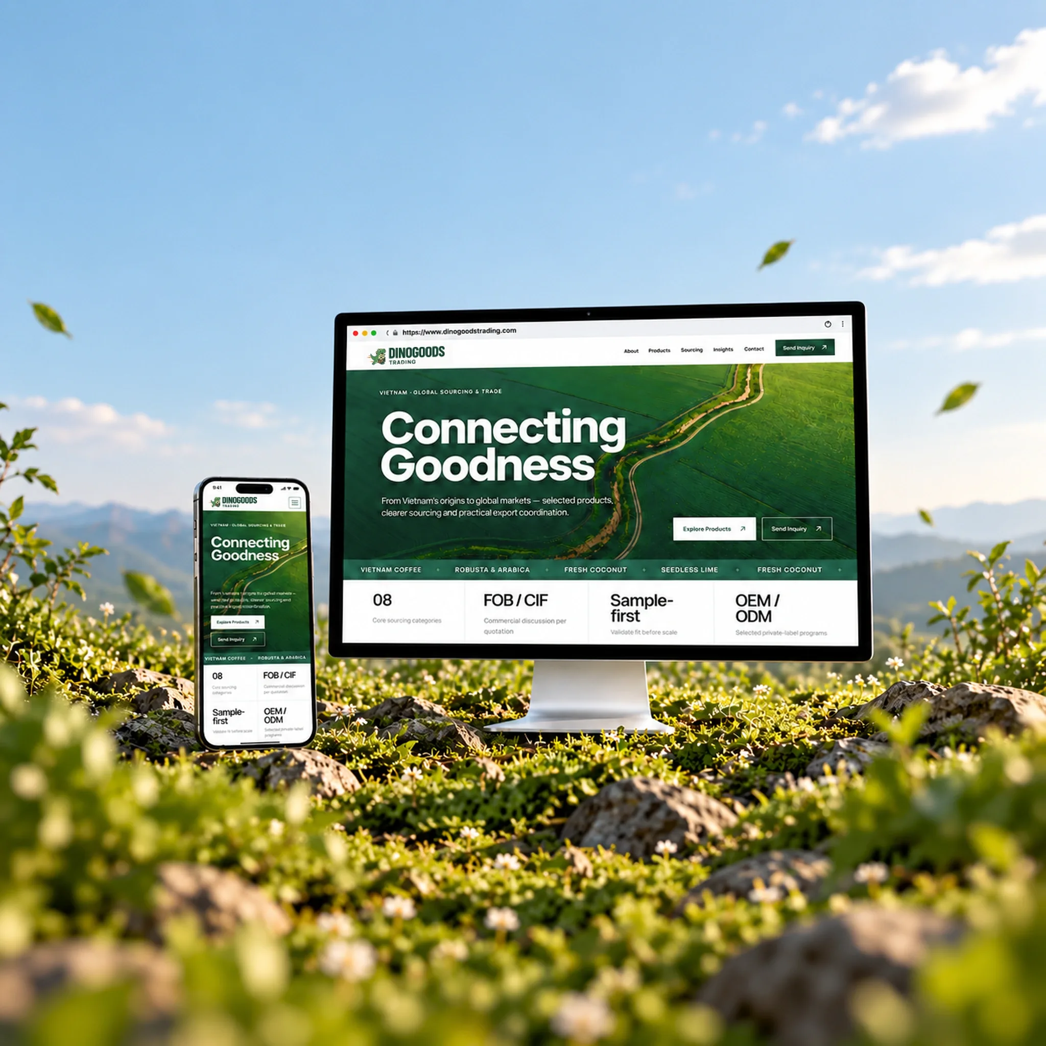 DINOGOODS corporate website homepage across desktop and mobile devices