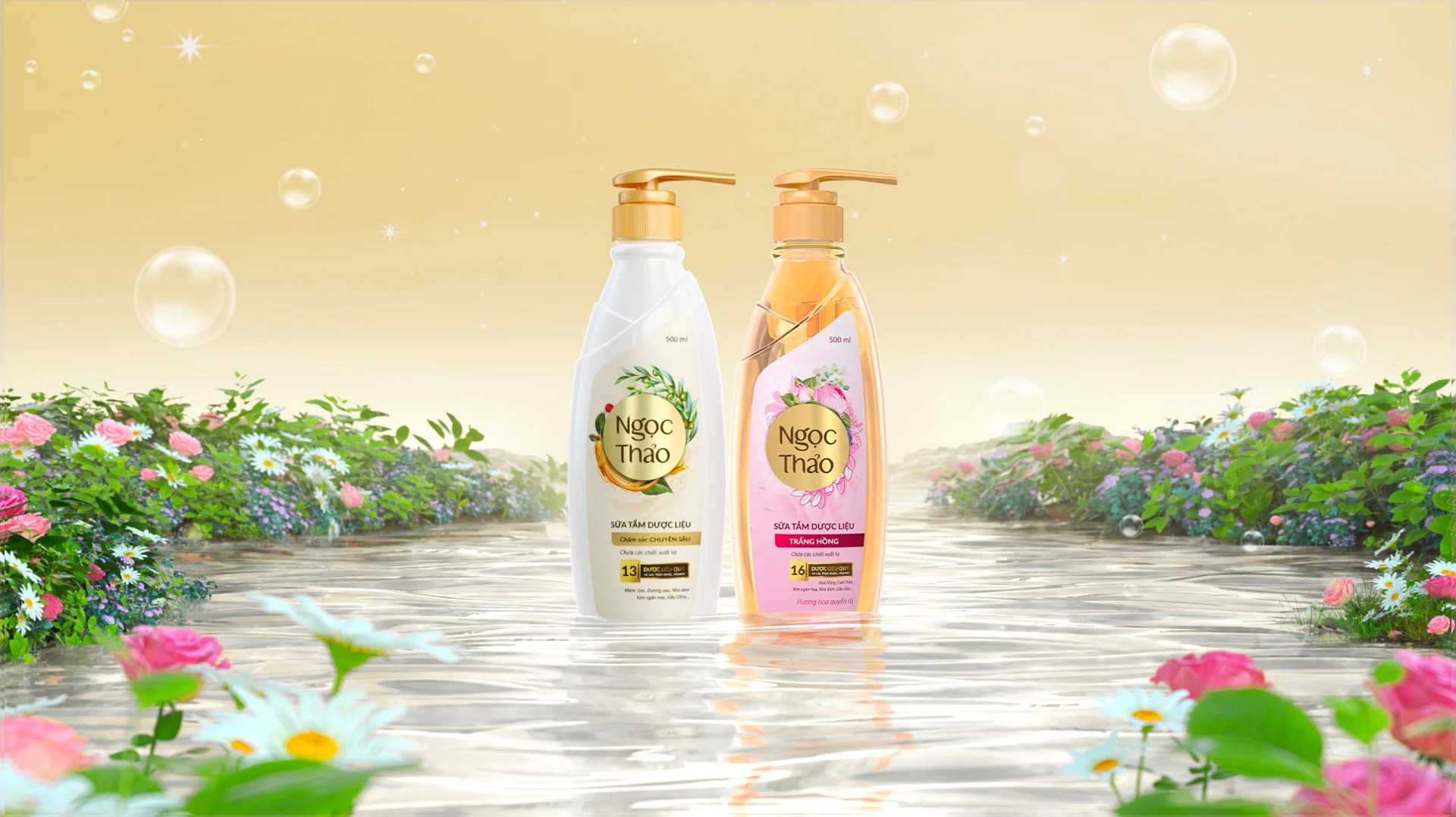Ngọc Thảo herbal shower gel bottles presented in a garden setting