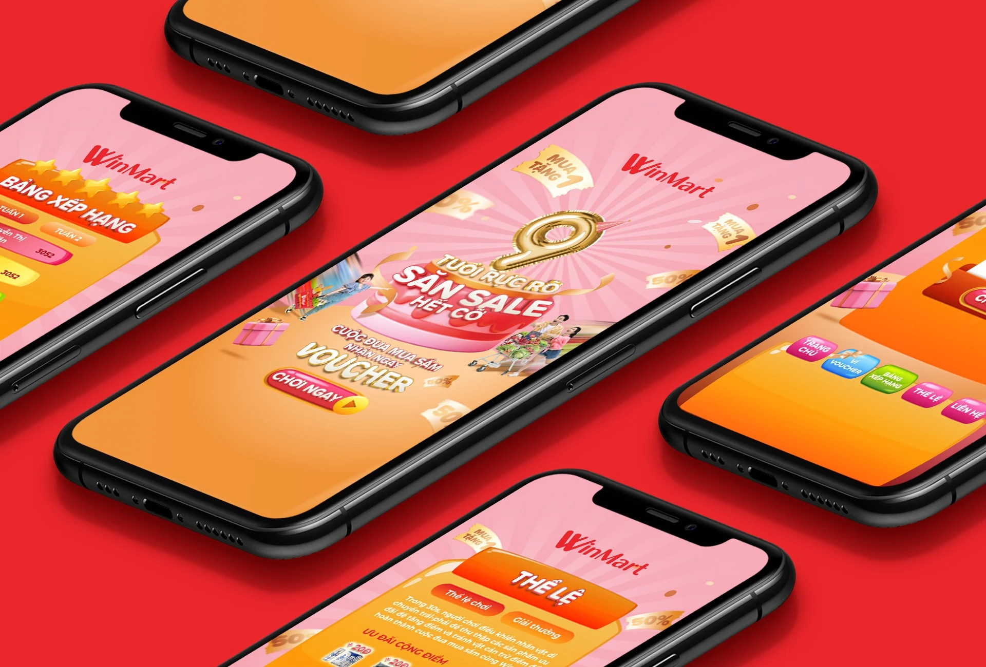WinMart anniversary game interface across smartphone mockups