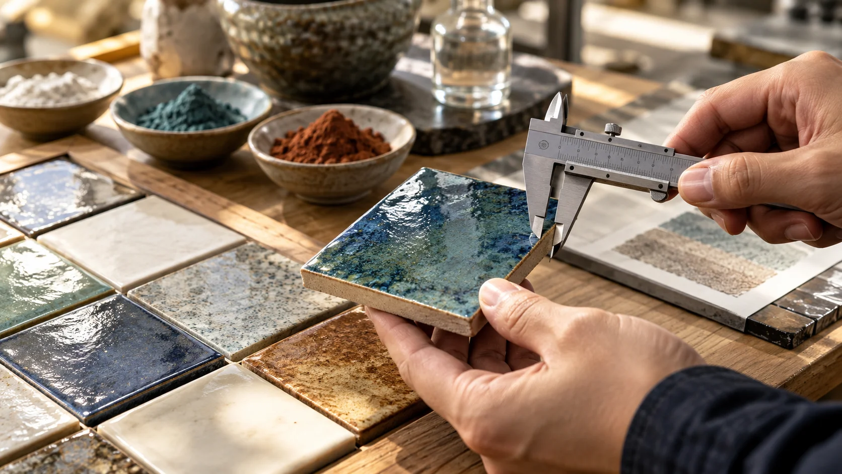 A ceramic finish being measured beside material samples
