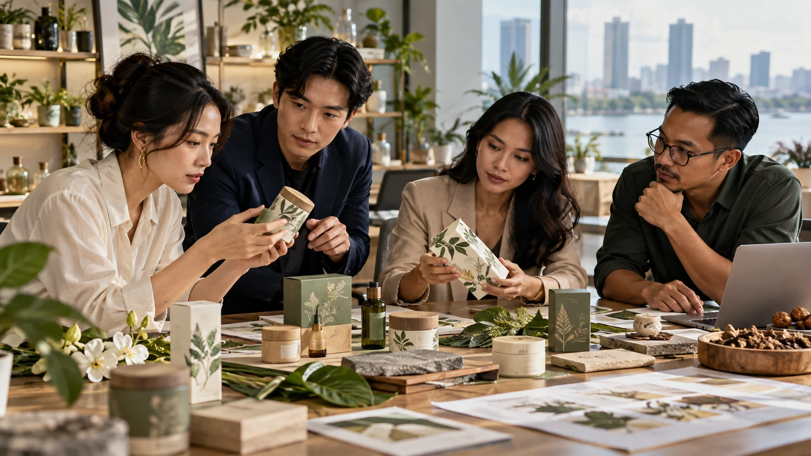 A product team reviewing botanical packaging samples