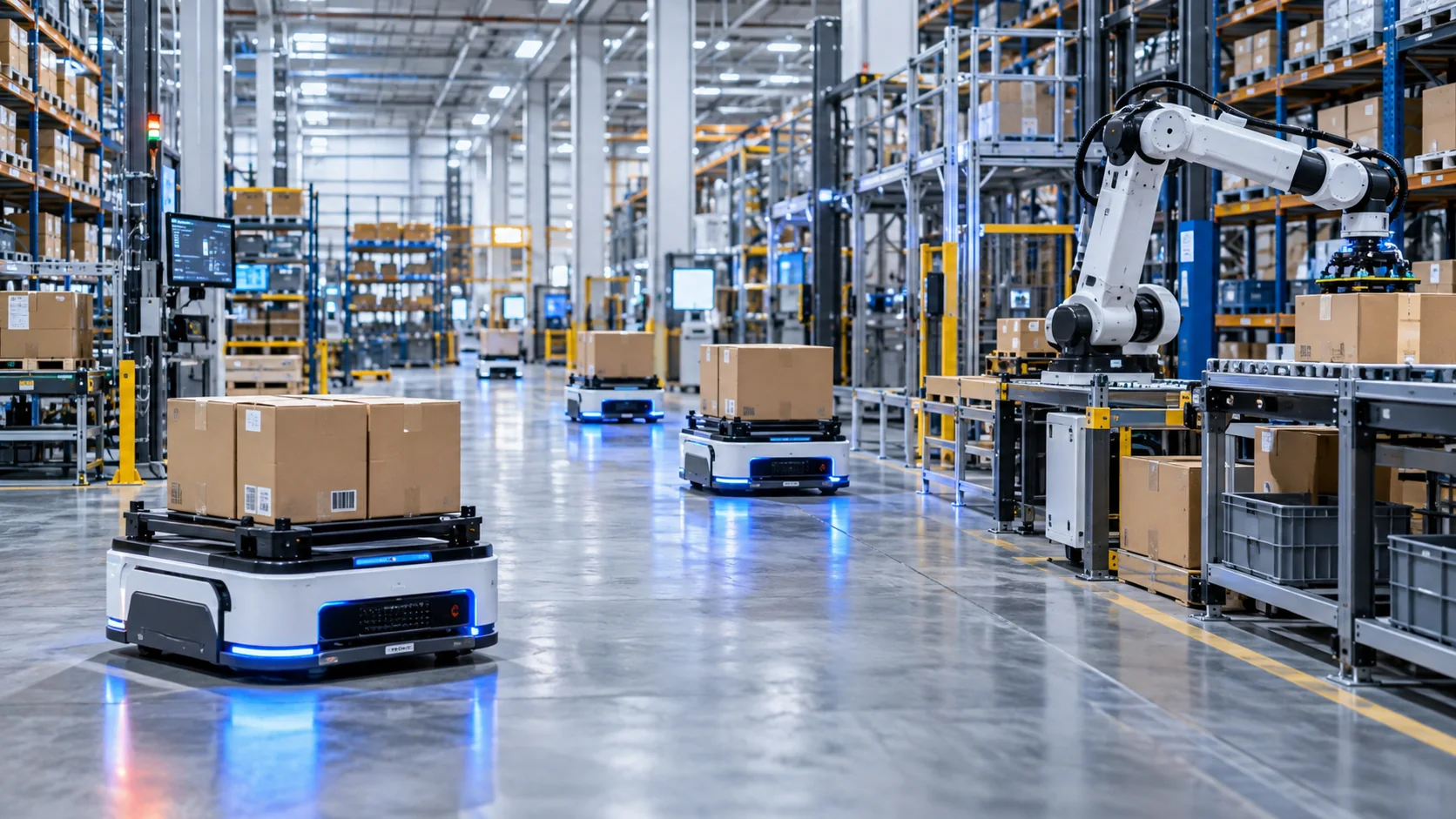 Wide interior of a highly automated modern warehouse with mobile robots and orderly shelving
