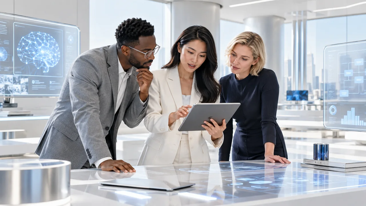 Three professionals reviewing a tablet during a practical AI training workshop
