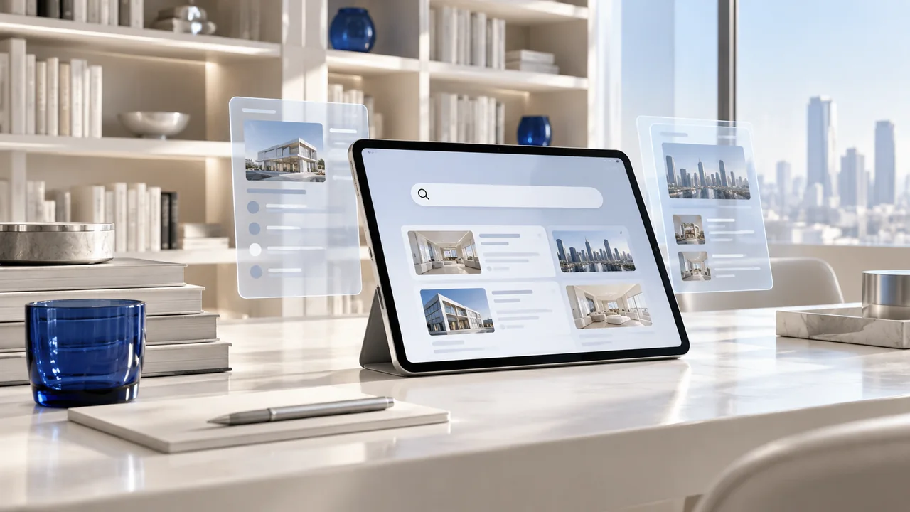 A tablet with a search interface in a luminous workspace lined with ivory books