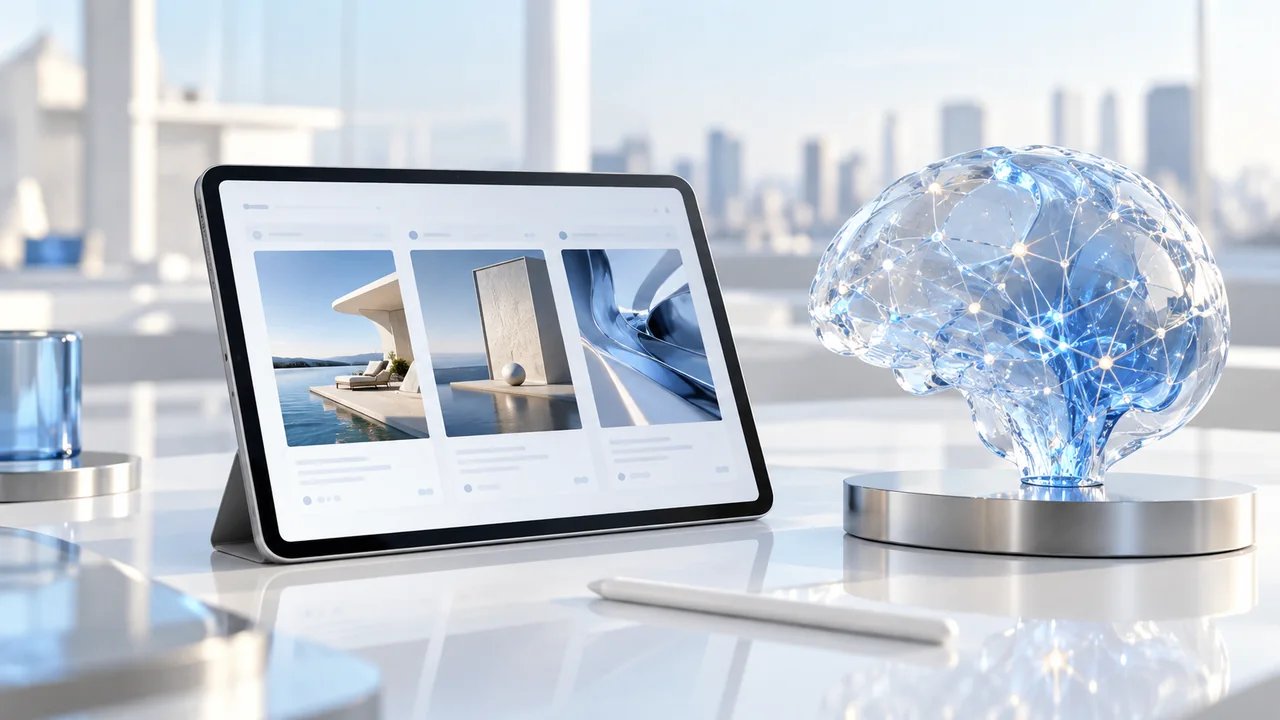 A tablet displaying campaign variations beside a pale blue glass neural sculpture