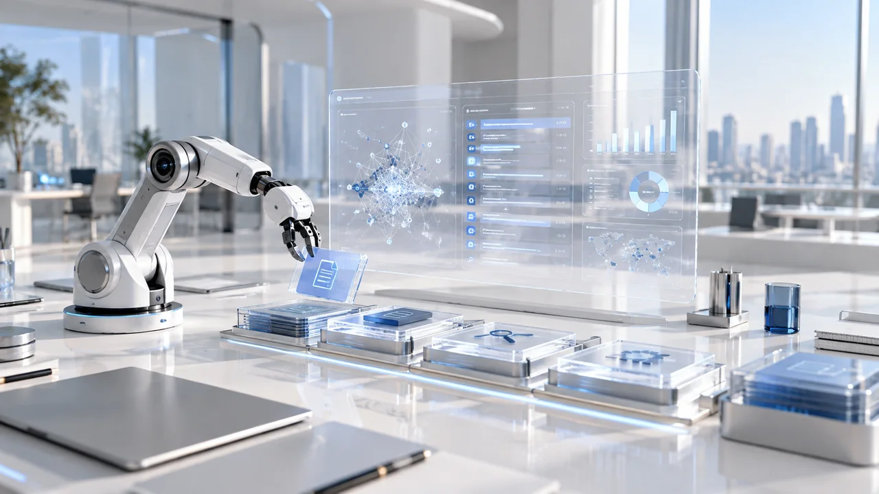 Bright futuristic studio illustrating ai business solutions strategy, systems and business outcomes