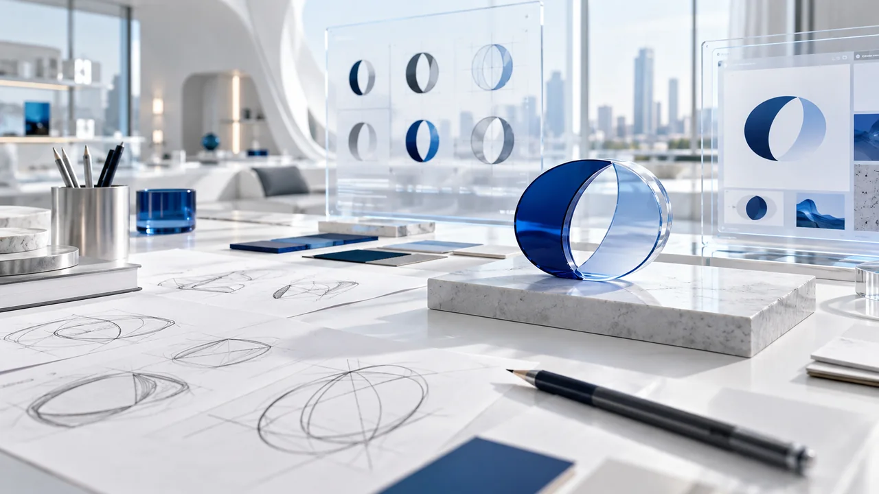Brand sketches beside a refined blue identity form representing brand development
