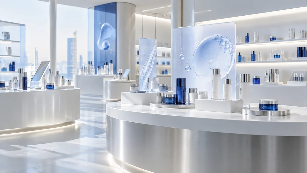 A bright retail display with coordinated product touchpoints and pale blue spatial signage