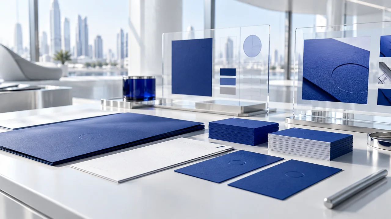 Cobalt blue stationery and embossed business cards illustrating a visual identity system