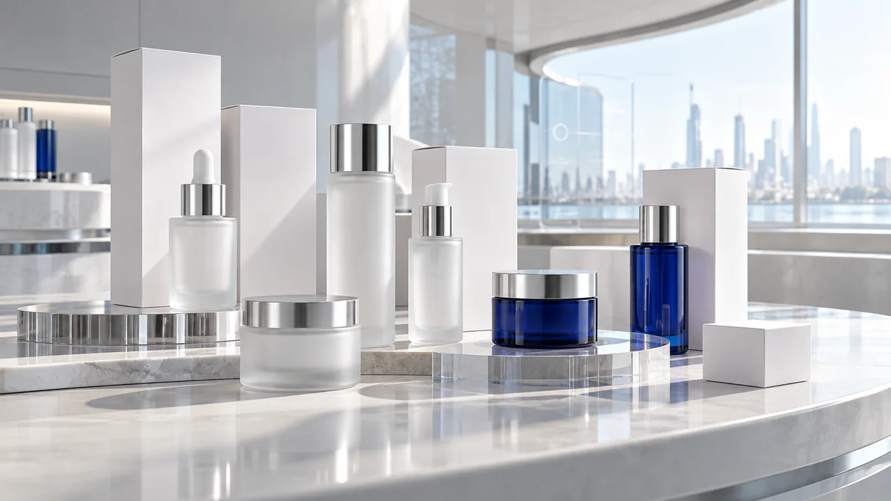 White product boxes and frosted bottles arranged as a premium packaging design collection