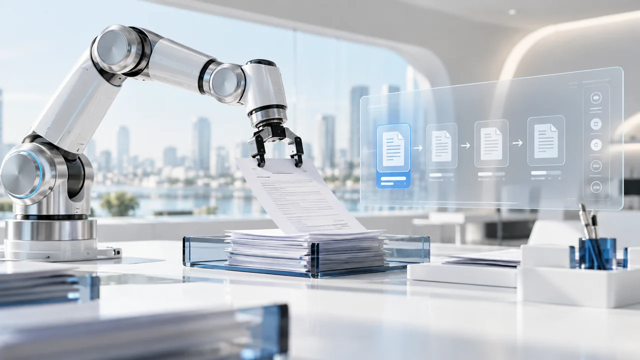 A desktop robotic arm sorting documents beside a minimal workflow interface