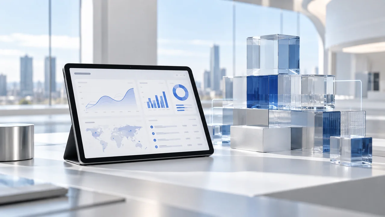 A tablet with an operational dashboard beside translucent modular blocks