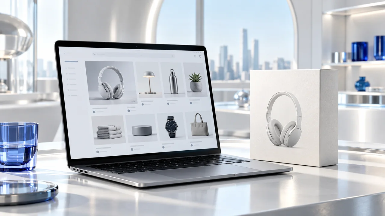 A laptop showing an online product store beside a premium product box