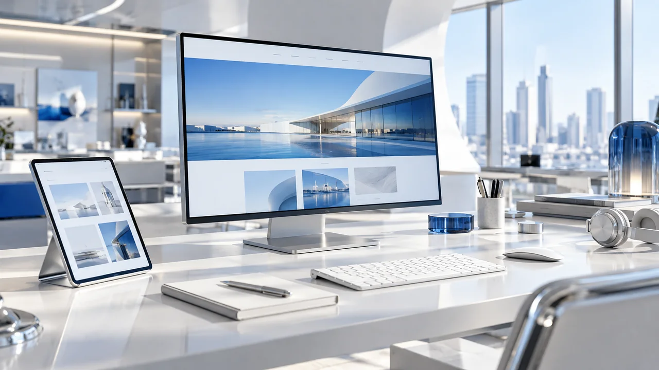 Bright futuristic studio illustrating digital & technology strategy, systems and business outcomes