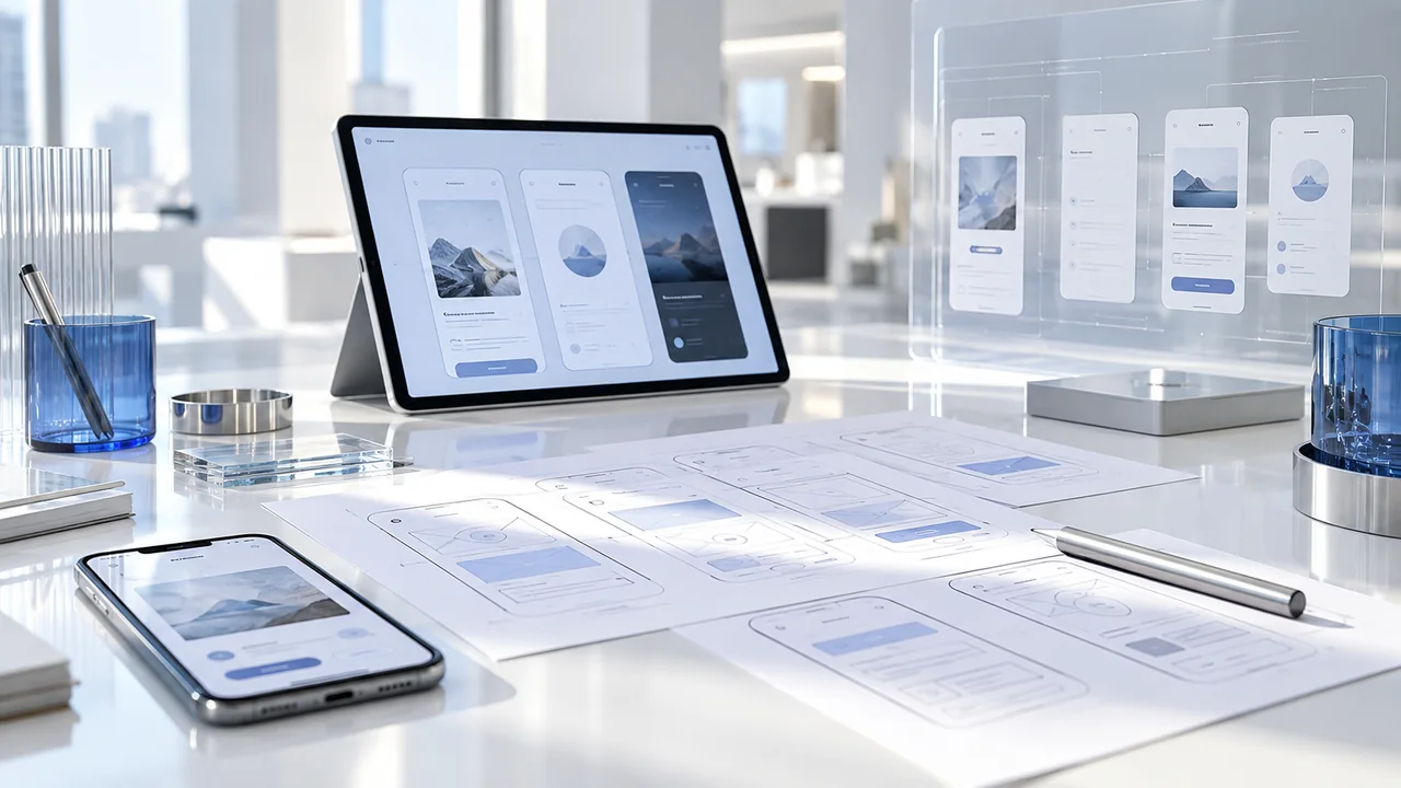Mobile interface layouts, printed wireframes and a stylus on a white UX design desk