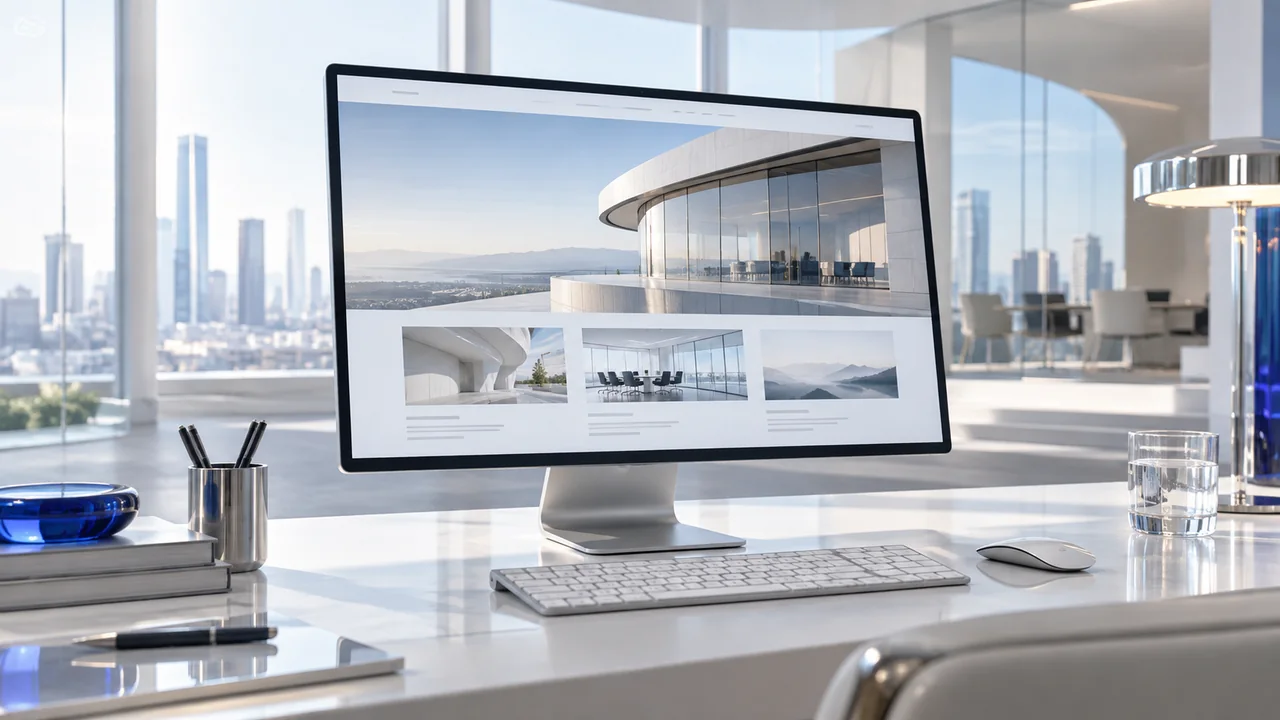 A desktop monitor showing a minimal corporate website in a bright digital design studio