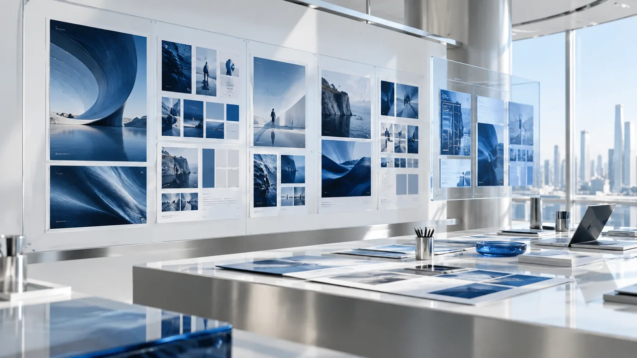 A campaign production wall with distinct blue editorial print layouts