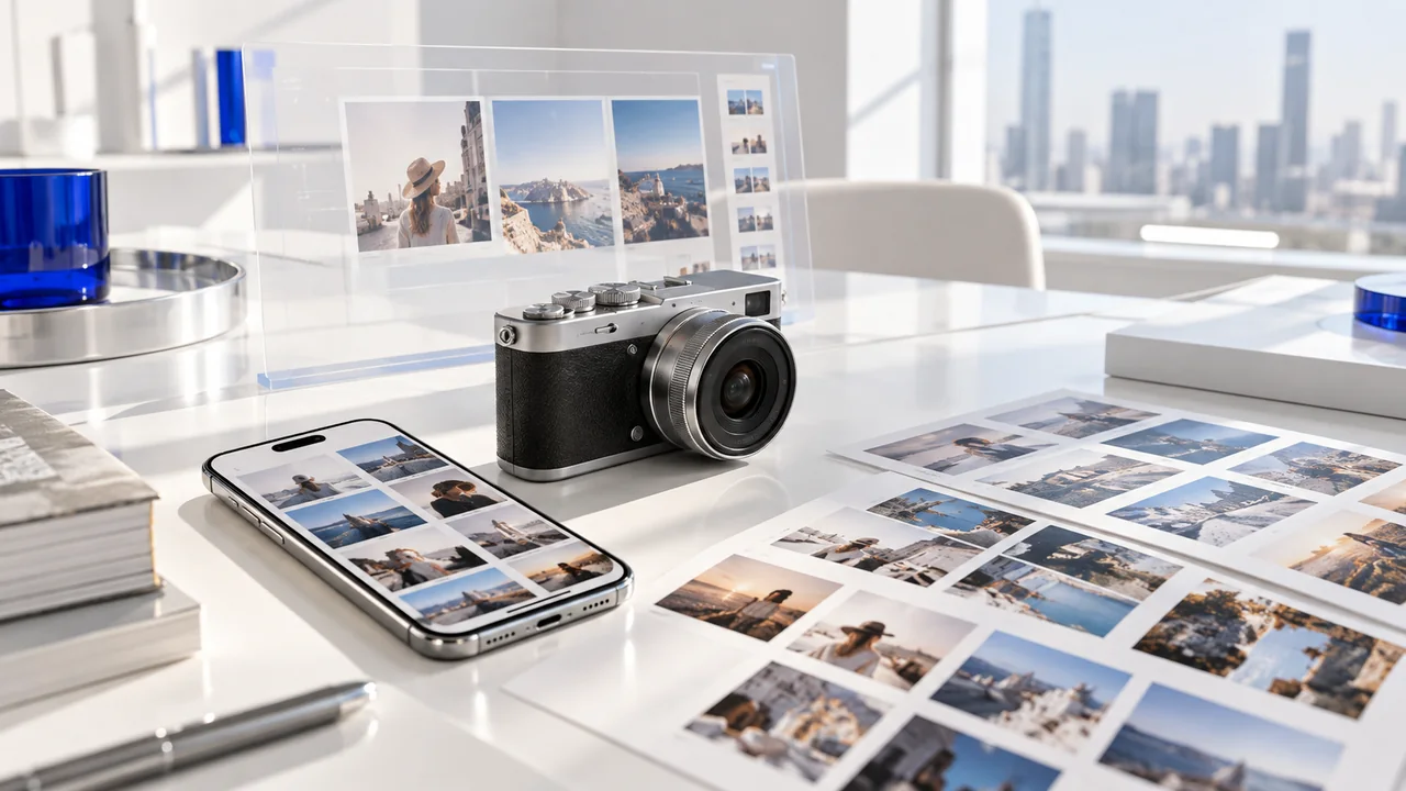 A smartphone, compact camera and social photography contact sheets on an ivory desk